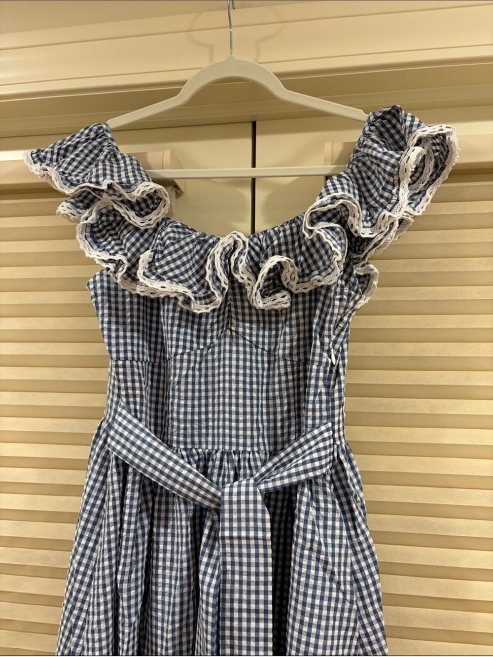 NWOT Doen Blue Gingham Ruffle Off-Shoulder Midi Dress, Size M - Picture 3 of 10